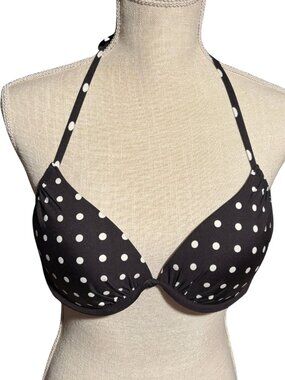 H&M Polka Dot Bikini Top 36B Black White Halter Swim Push Up Tie Back
